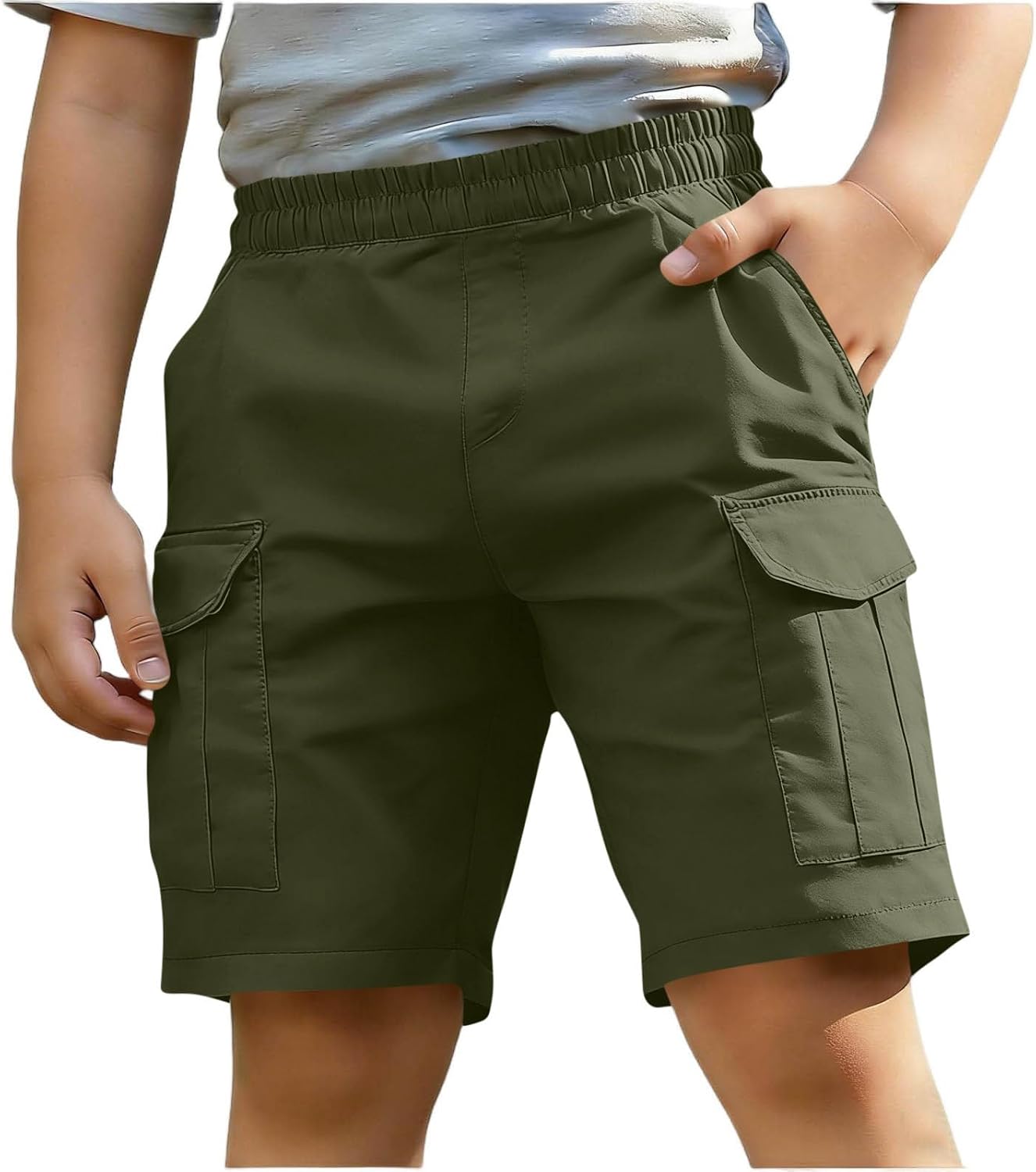 Boys Cargo Shorts Pull On High Waisted Shorts Straight Leg Lightweight Short Pants Hiking Pants with Mutil Pockets