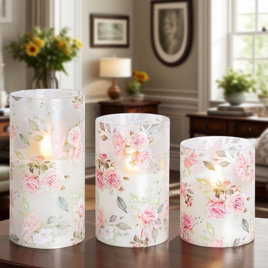 MELTONE Rose Flameless Candles Love Theme Glass Pink LED Candles with Remote - Home Wedding Bedroom Room Christmas Valentine's Day Decor - Set of 3