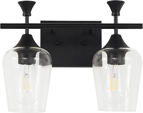 Lámparas de baño (2 luces, 14 pulgadas), luces de tocador negras mate para baño con pantalla de vidrio de vino transparente, modernas luces de pared