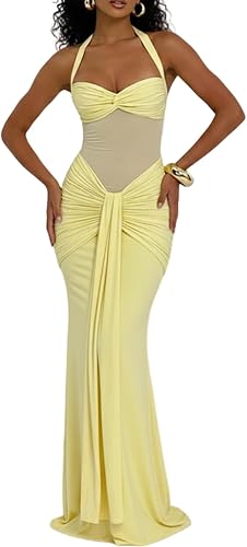 Tcremisa Womens Halter Maxi Dress Backless Ruched Bodycon Dresses
