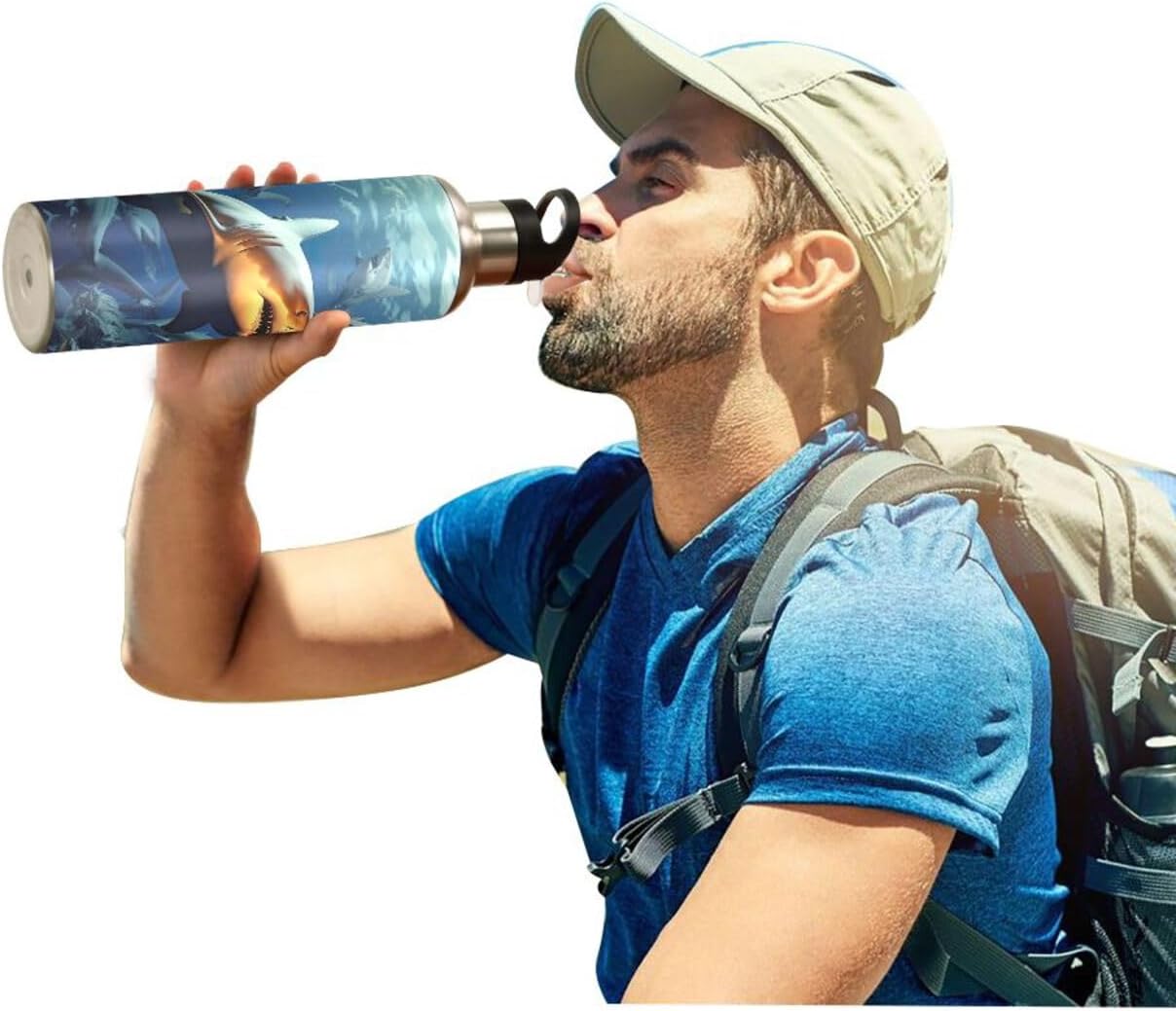 Kigai Ocean Shark Stainless Steel Water Bottle 20 oz BPA-Free Vacuum Insulated Sports Water Bottle Leakproof Wide Mouth Gym Bottle with Straw Lid for Outdoor Cycling Fitness