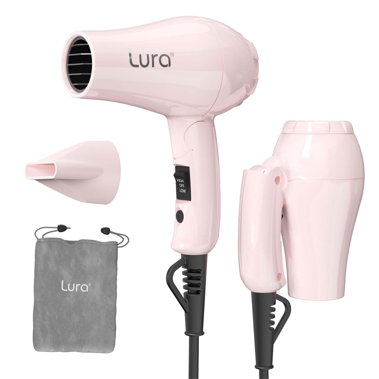 LURA Small Auto Dual Voltage Travel Hair Dryer Foldable with Bag for Women