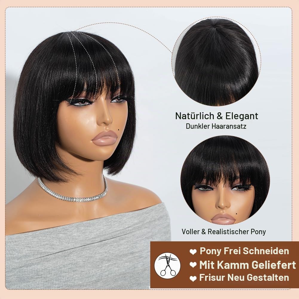 Joedir Straight Bob Perücke mit Pony 20 CM brasilianische kurze Echthaar-Perücken Schwarze Bob Perücke Echthaar keine Spitze vorne Kleberlose Perücken für Frauen