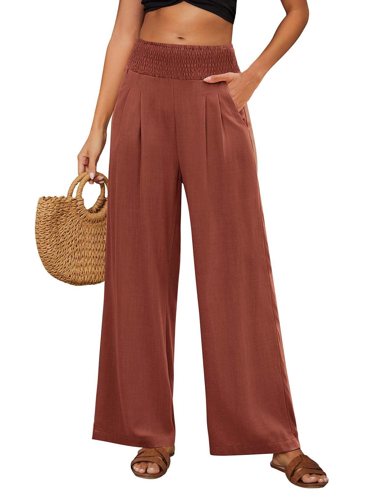 PASUDA Leinenhose Damen Sommer Hose Weites Bein Baumwolle Leinen Sommerhose Elastisch Hohe Taille Lang Freizeithose Leichte Loose Boho Hosen Strandhose mit Taschen Bequeme Stoffhose