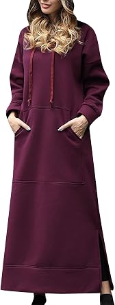 Womens Casual Drawstring Hooded Sweatshirt Loose Pullover Dresses Solid Color Long Sweatshirts Dress with Pockets