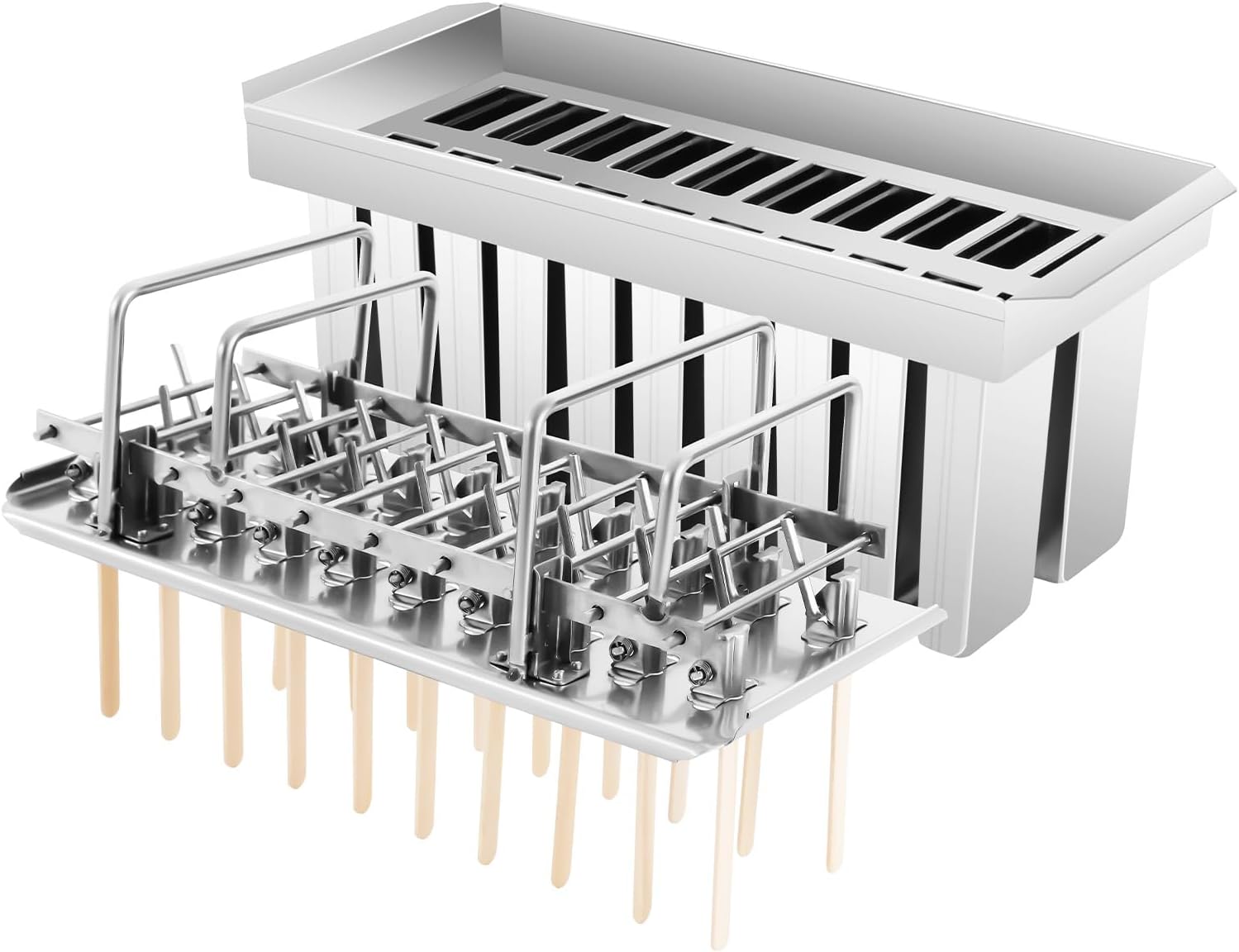Ice Cream Mold,20pcs Stainless Steel Ice Pop Molds with Detachable Cover,Flat Head Flat Plate Ice Cream Mould,Fast Freezing Ice Cream Makers with 20 Compartments,Each Mold Capacity 0.25 Lbs