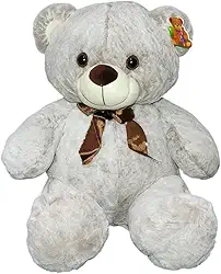 Urso De Pelúcia Cinza Claro Fofo Sentado Com Laço 35cm