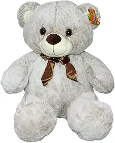 Urso De Pelúcia Cinza Claro Fofo Sentado Com Laço 35cm