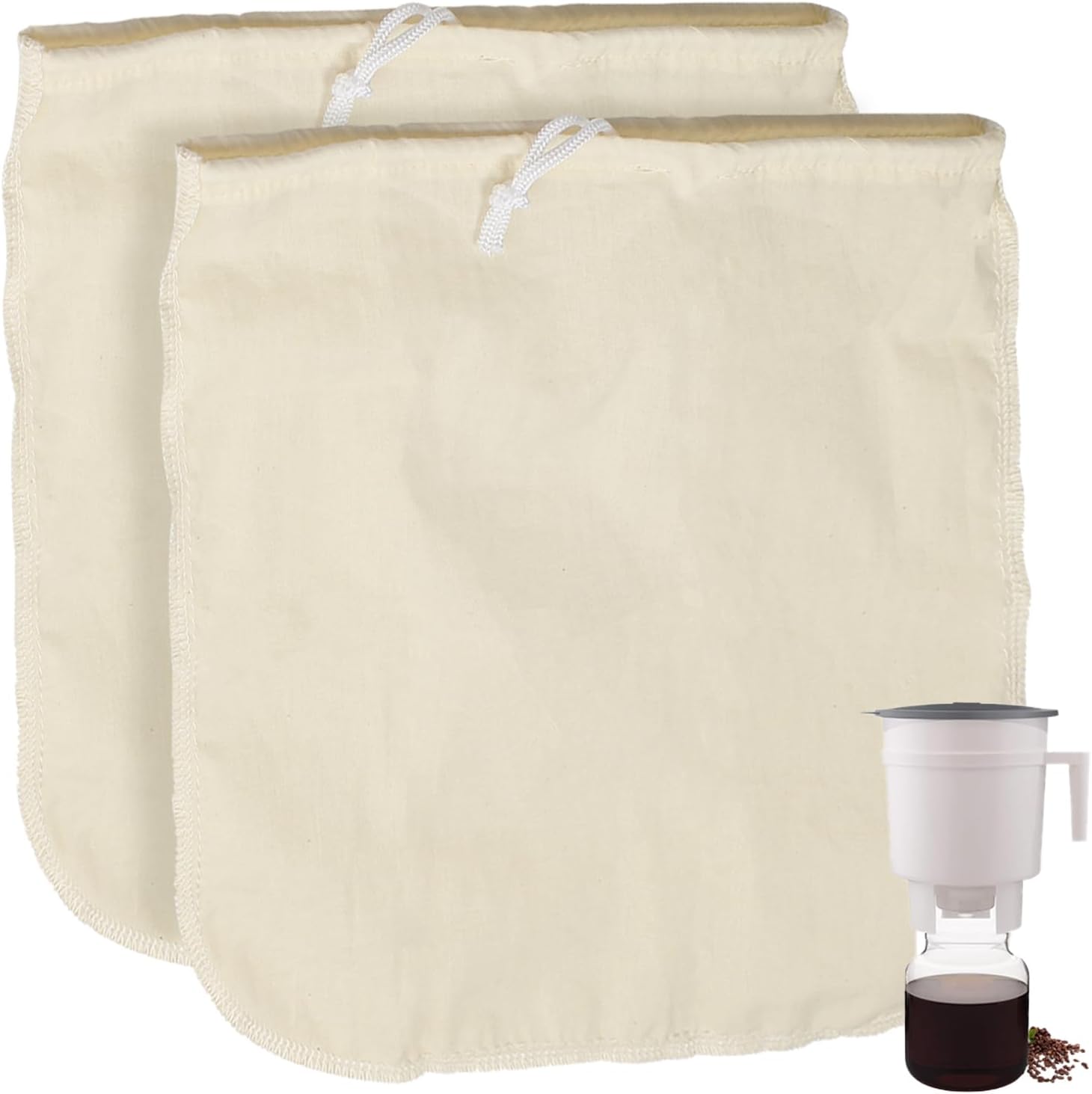 Cotton Cold Brew Coffee Filter Bag Compatible with Toddy Cold Brew System Fit for Mason Jars, Carafes, Jugs - 12" x 11" Reusable Coffee Filter Bag with Drawstring - 2 Pack