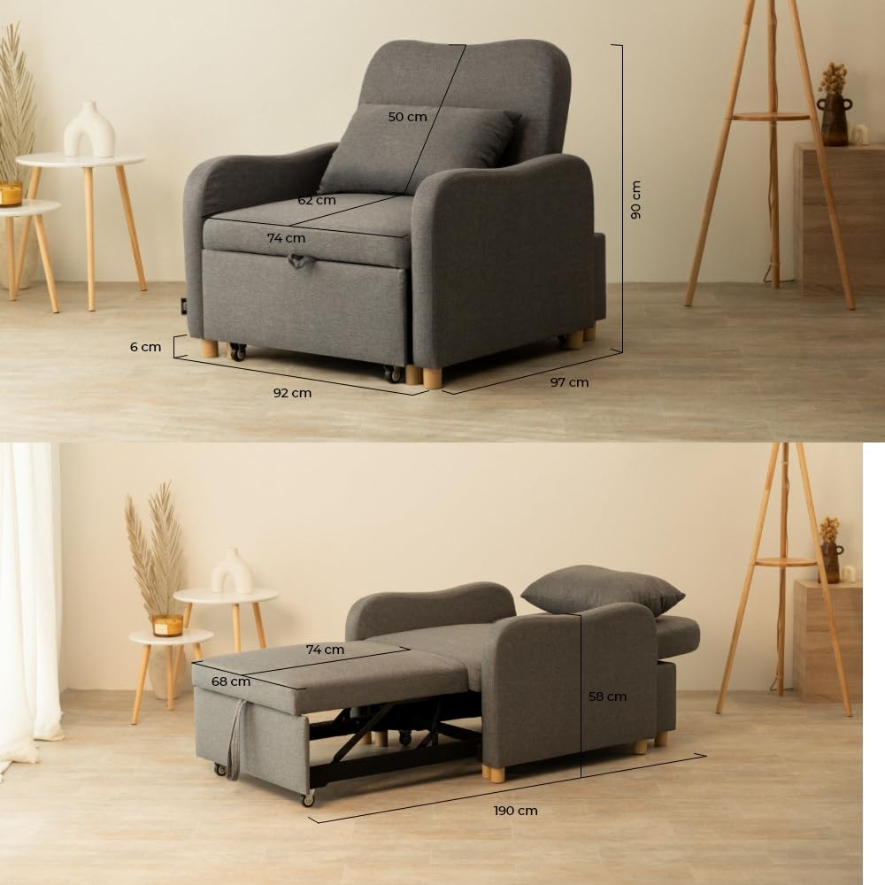 Nalui- Sillon Cama Buddy 92x97x90cm con Respaldo Ajustable 2 Posiciones y Almohada. Sofá Cama 1 Plaza 3 en 1 de Lino, Soporta hasta 200Kg. Sofá Cama Individual con Reposabrazos, Marengo