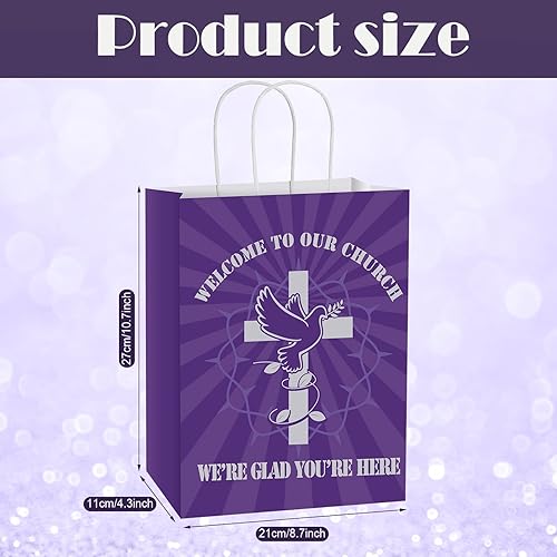 Miniatura 2 de Geyee 24 bolsas grandes de regalo de bienvenida a la iglesia, a granel, 10.7 x 4.3 x 8.7 pulgadas, papel cristiano religioso morado con asas para