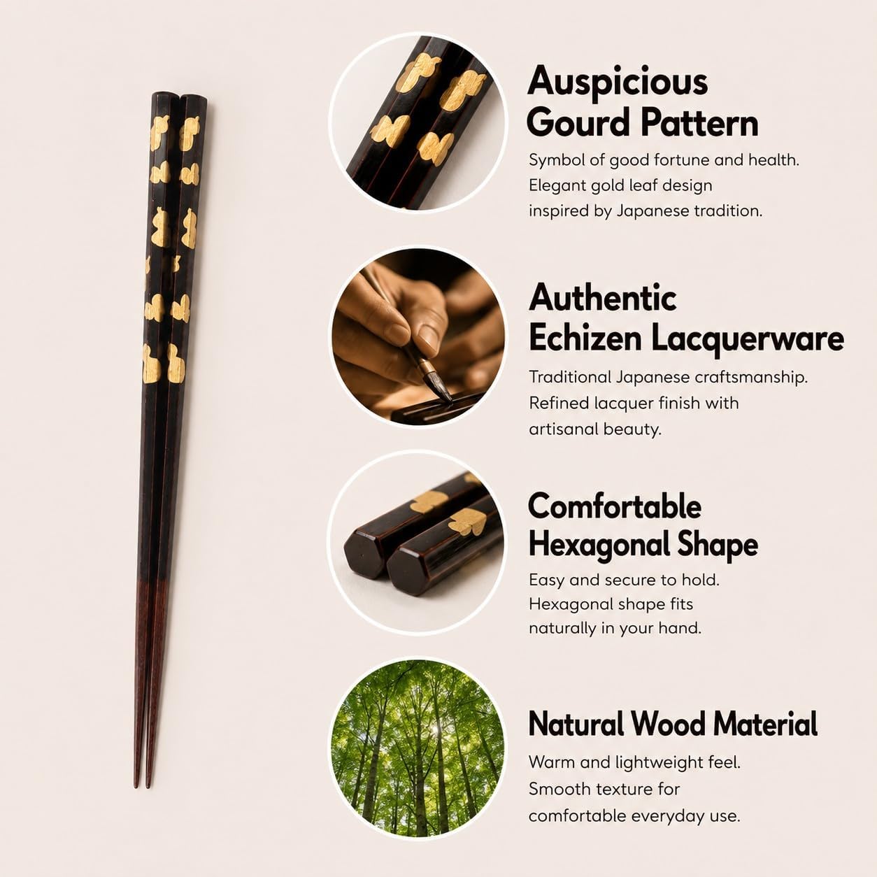 Hexagonal Gold Leaf Chopsticks, 9.05in (Brown) | Natural wood Echizen lacquerware Six-gourd motif