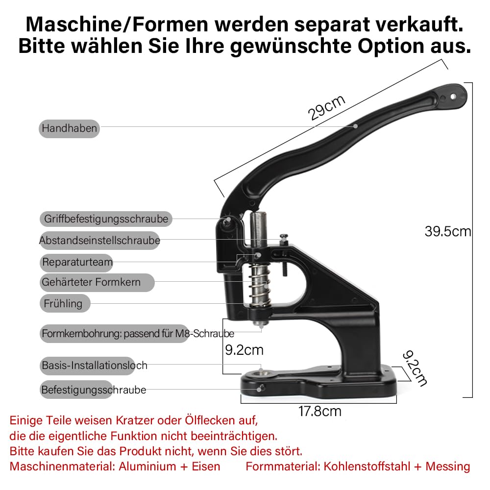 WUTA Ösenmaschine, Profi Ösenpresse Set, Handpresse Ösenzange für DIY Handwerk(Keine Matrizen,ohne Form)