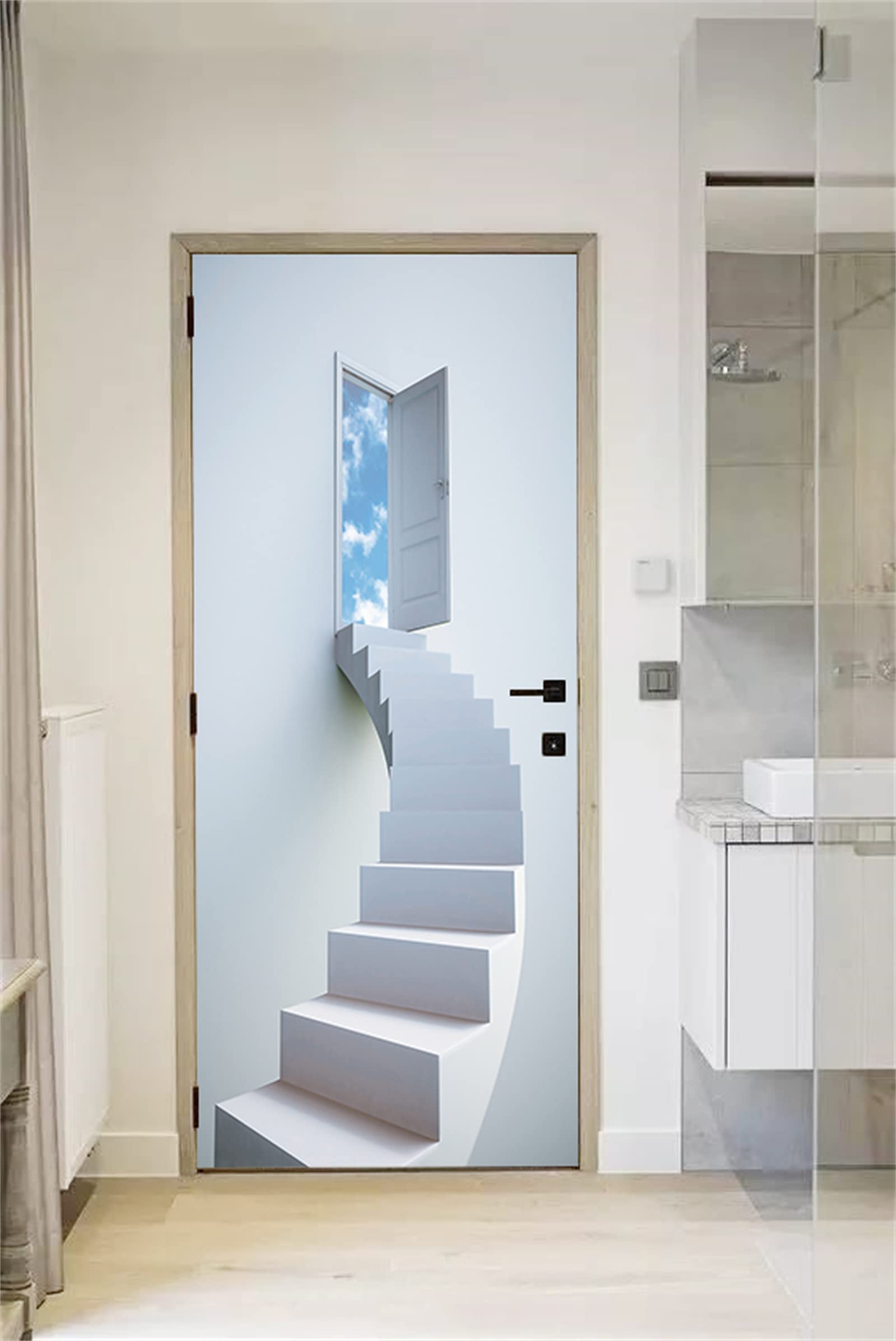 FLFK 3D Door Stickers Peel and Stick 85x215cm,Self-Adhesive Door Murals Wallpaper Poster White Spiral Stairs Decals for Home Decor(2Pcs/Set)