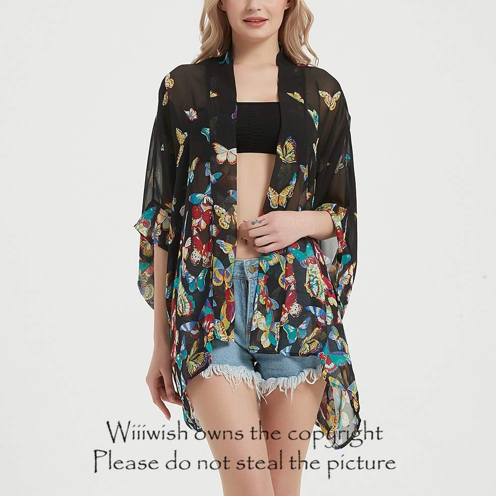 Womens Bohemian Floral Sheer Chiffon Kimono Beach Bikini Cover up Cardigan Capes Tunic - Image 2