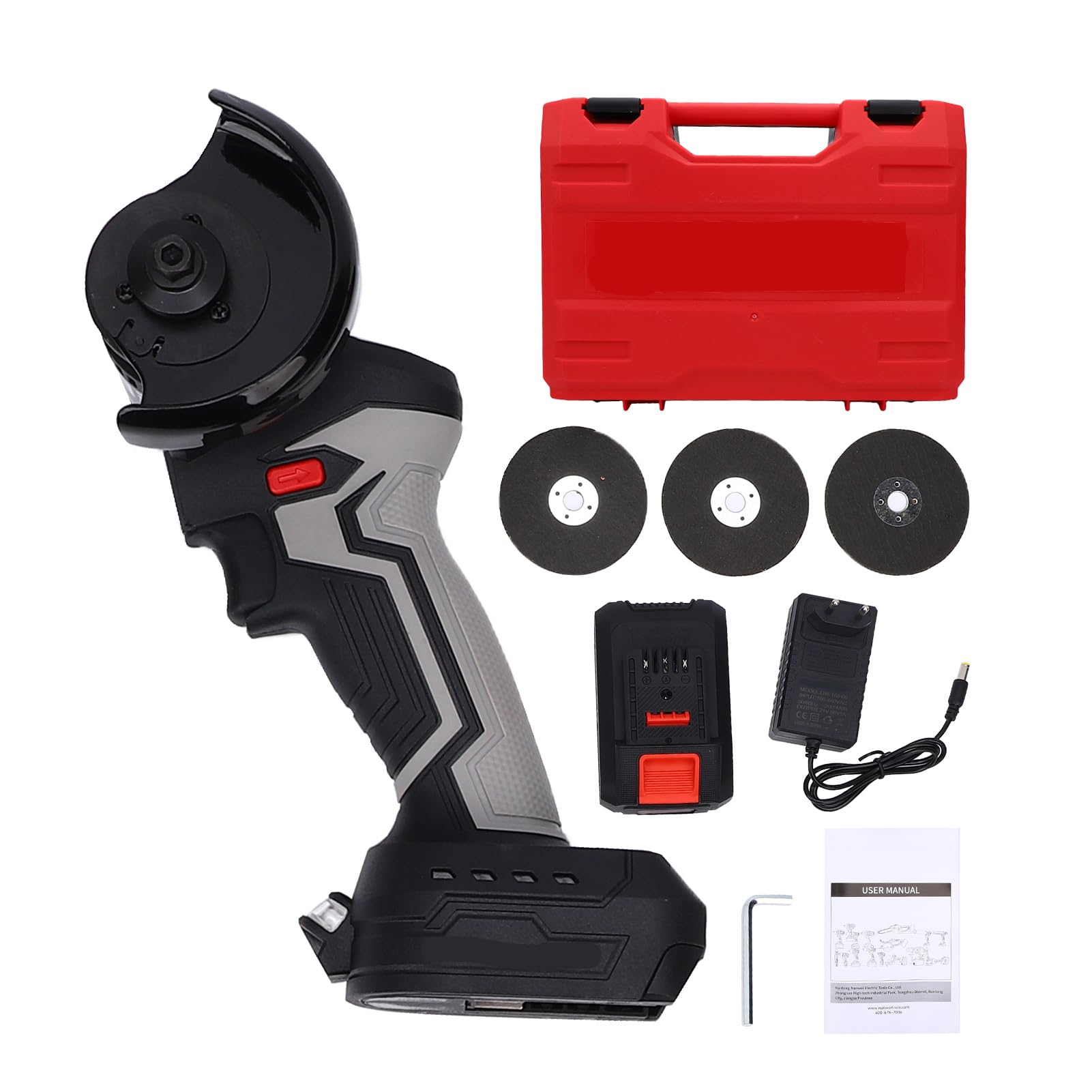 Matybobe Mini Herramienta de Amolado Angular Eléctrica de 15000 Rpm con Batería 21 V 2000 MAh y 3 Discos Corte, Herramienta Corte Manual Velocidad Variable (Enchufe europeo)