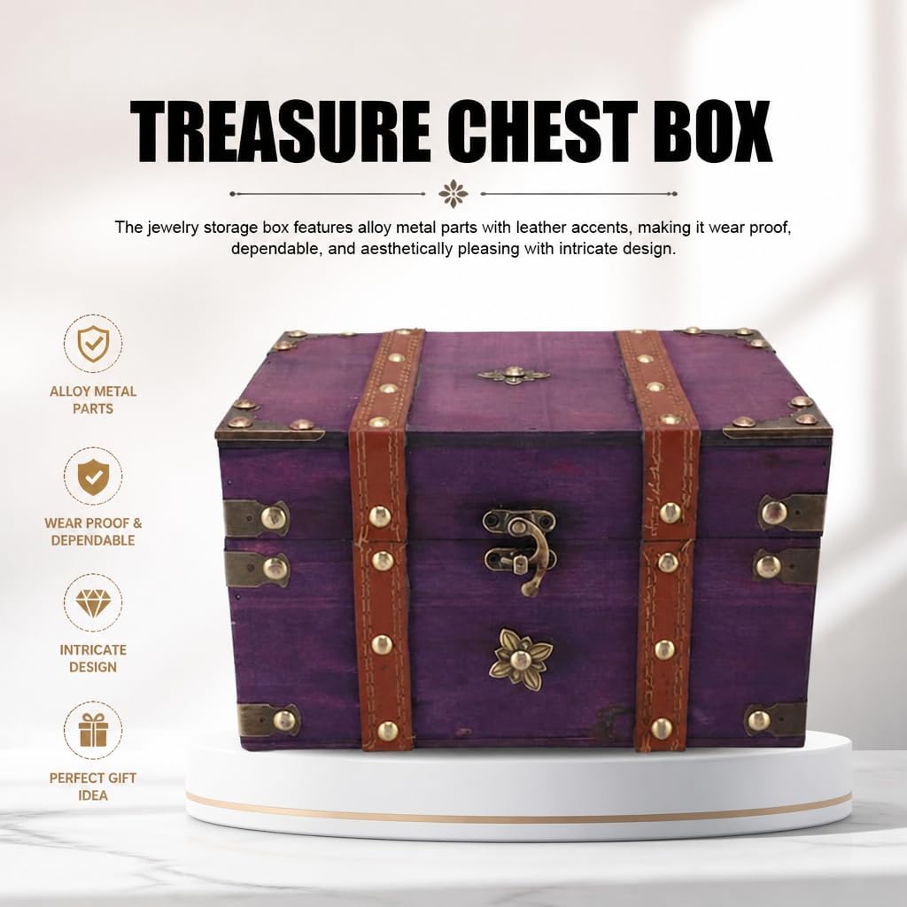 Treasure Chest Box, Wooden Jewelry Decorative Keepsake Box Vintage Decor