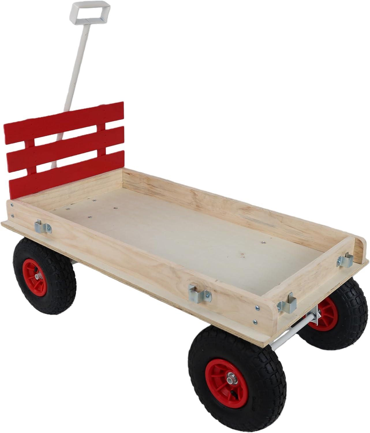 Red Wooden Wagon Cart with Folding Handle, All-Terrain Kids Wagon for Outdoor Adventures, Garden Work, Camping Trips, Beach Days & Playtime Fun