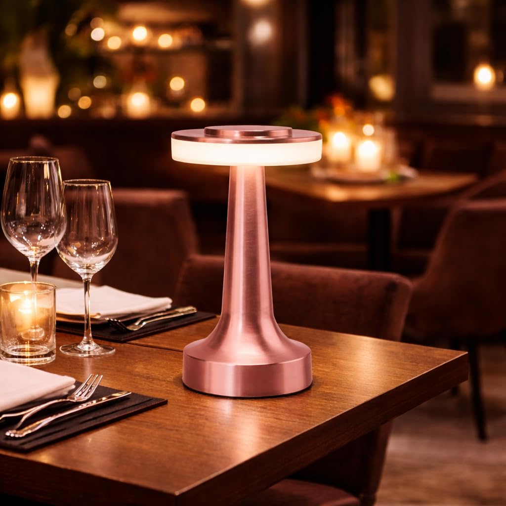 One94Store Retro Rose Gold Metal LED Table Lamp Rechargeable with Touch Sensor, 3 Levels Brightness, Ideal Bedside Lamp or Night Light for Kids Nursery, Room Decor, Cafe & Restaurant