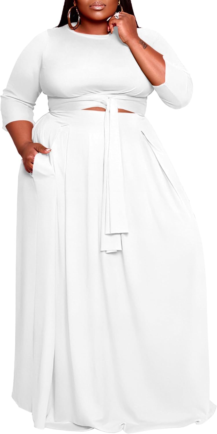 FANDEE Plus Size Women's 2 Piece Outfits Casual 3/4 Sleeve Wrap Crop Top Maxi Long Dress Flowy Matching Sets with Pocket - Image 2