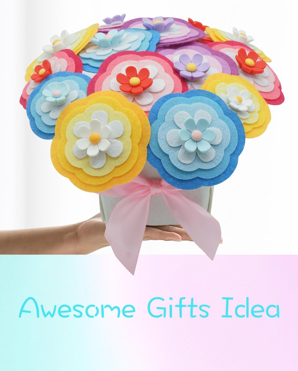 BAZIMA DIY Felt Flower Art Craft Kit,Colorful Daisy Bouquet Making Kit, Floral Gifts,Beginner Craft Kit, Arrange Pre-Cut Felt Flowers, Ideas for Art Project Activity,16 Felt Flowers.