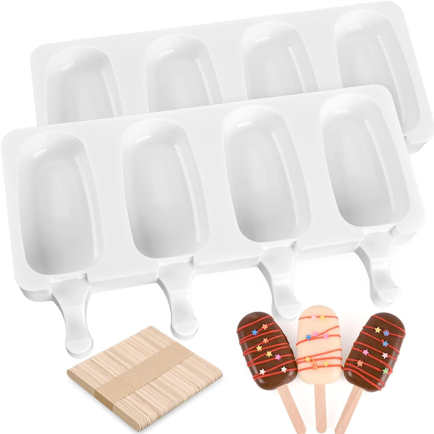 Bolivia's Ice Lolly Moulds, 2 Pack Silicone Popsicle Molds Easy Release, Reusable BPA-free Popsicle Maker Ice Pop Molds with 50 Pieces Natural Wood Craft Sticks, Ice Cream Molds for Kid Homemade DIY