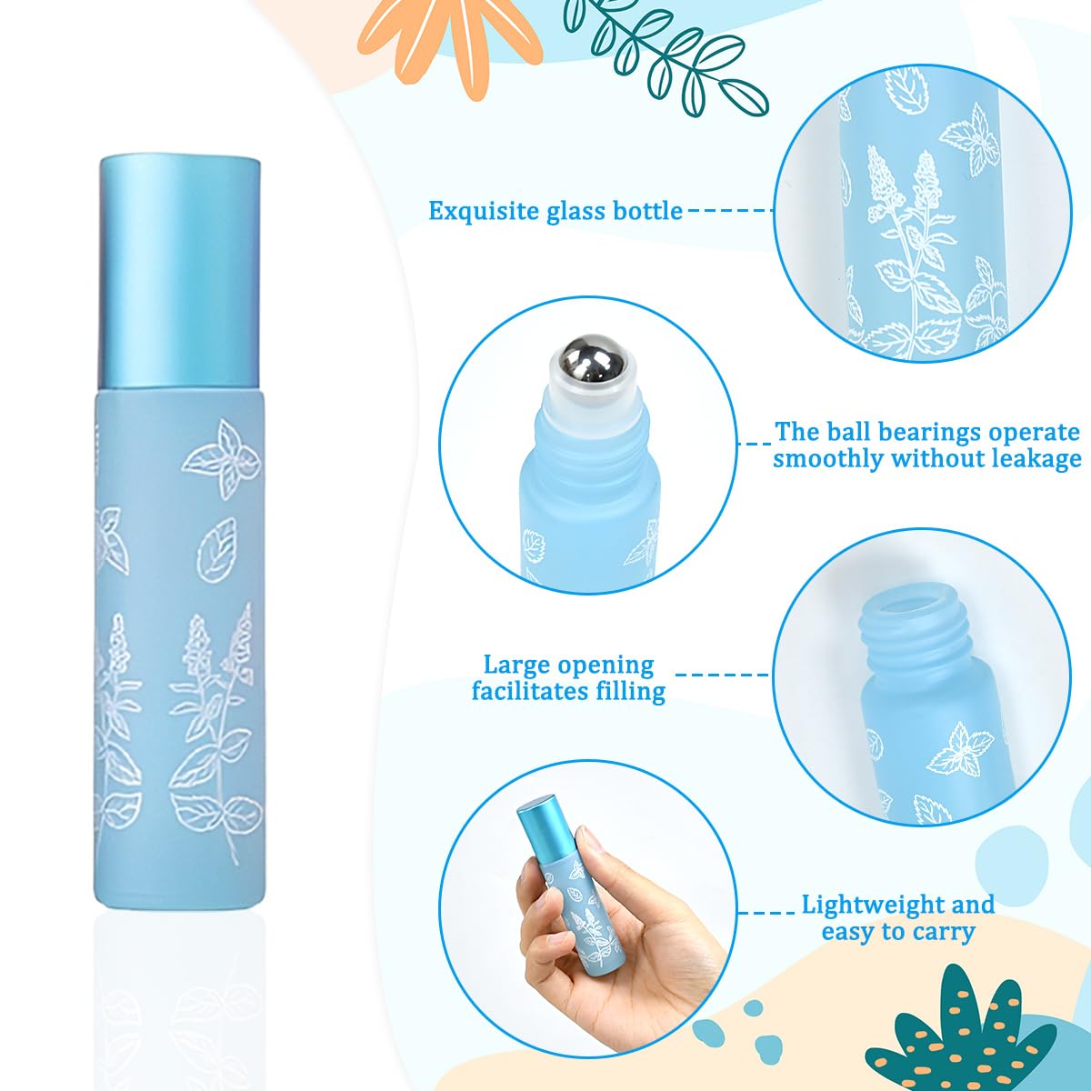 8PCS Flacons Roll-on en Verre 10 ml Flacons Roll-on pour Huiles Essentielles avec 2 Goupillons et 25 Étiquettes Flacon en Verre Vides de 10 ml Flacon Roll-on avec Bille en Acier Inoxydable