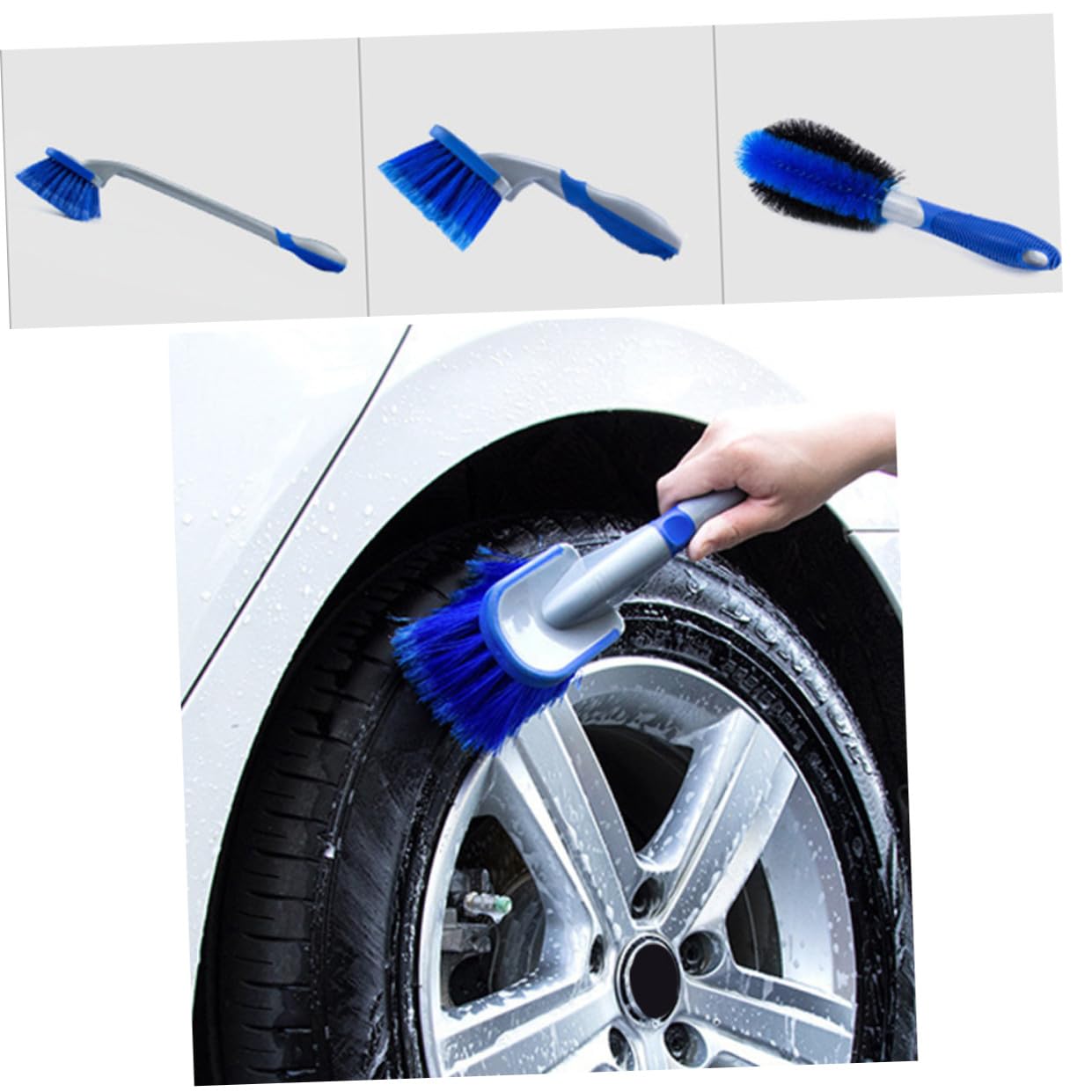 Ciieeo Set di 3 Spazzole per Cerchioni Auto Blu in PVC e Pp | Impugnature Corte e Lunga, per Raggio e Paraurti, Kit Pulizia Pneumatici, Uso Auto e Moto