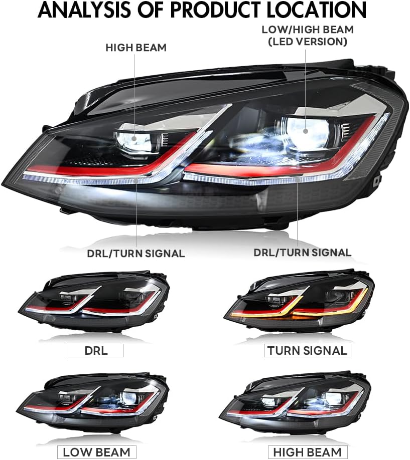 Headlights for VW Golf7 MK7 TDI TSI GTD 2015-2017 Frontlight with Start-up Animation Amber Turn Signal Driver&Passenger Side Front Head Lamp(Halogen Only)