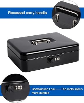 Cash Box with Combination Lock, Money Safe for Cash, Lock Box with Security Cable 11.8 x 9.5 x 3.54 Inches, Black