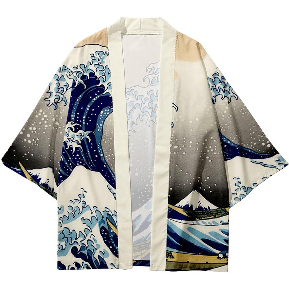 Fituenly Lsland Wave Style Summer Kimono Shirt Men -sleeved Shirt Coat Japanese Kimono Cardigan Yukata Haori