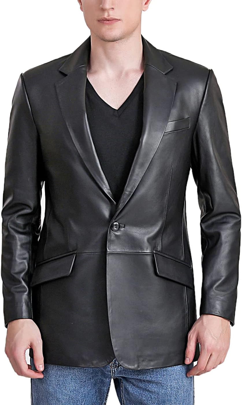 BGSD Men John 1-Button Lambskin Leather Blazer Sport Coat Jacket (Also available in Big and Tall and Short)