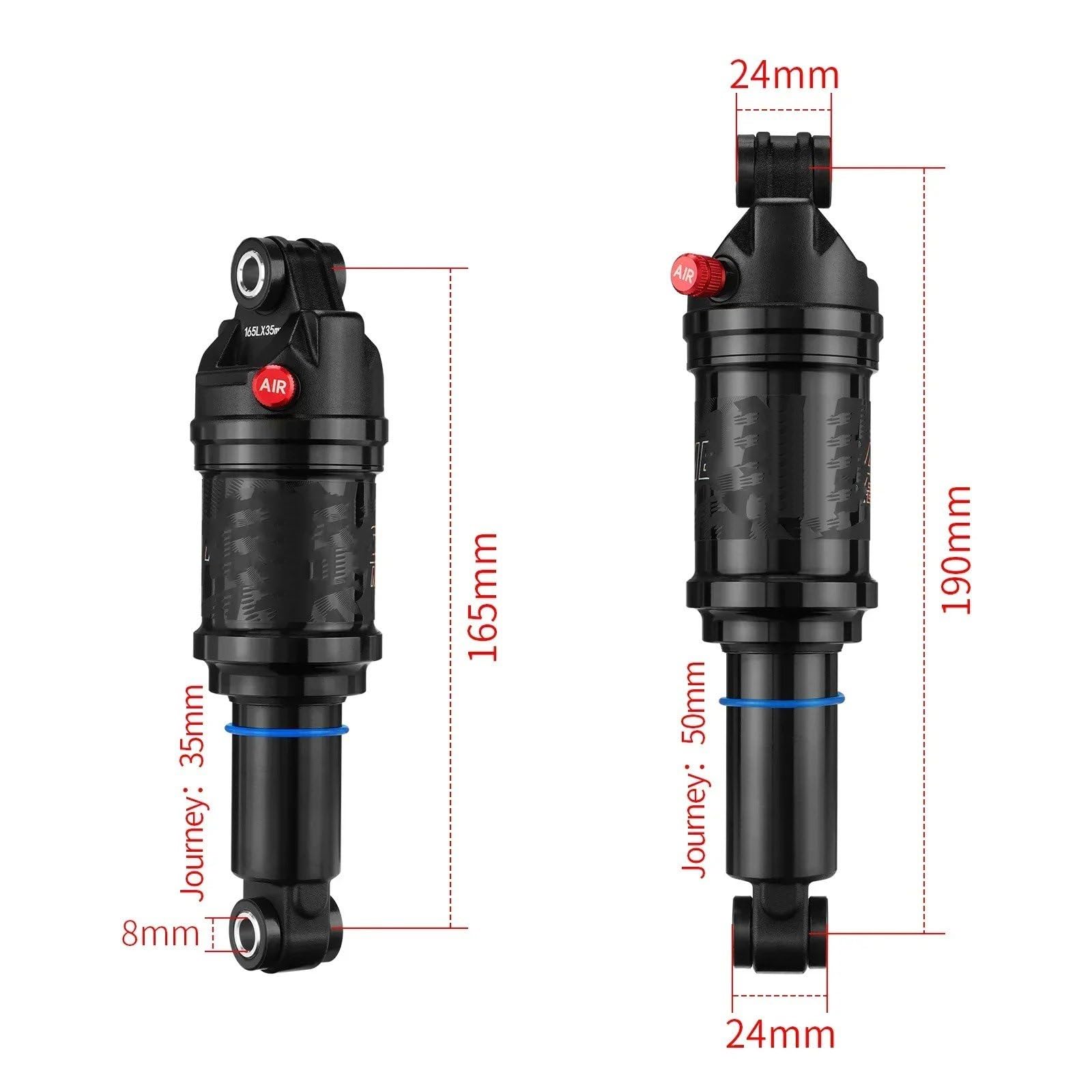 Amortiguador Eje Delantero Amortiguador Trasero Aire para Bicicleta Montaña, Longitud 125Mm, 150Mm, 165Mm 190Mm, Presión Aire Ajustable. Amortiguador Eje Trasero(165mm)