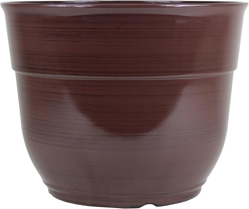 Garden Elements Glazed Brushed Happy Large Plastic Planter, Dark Brown, 15"