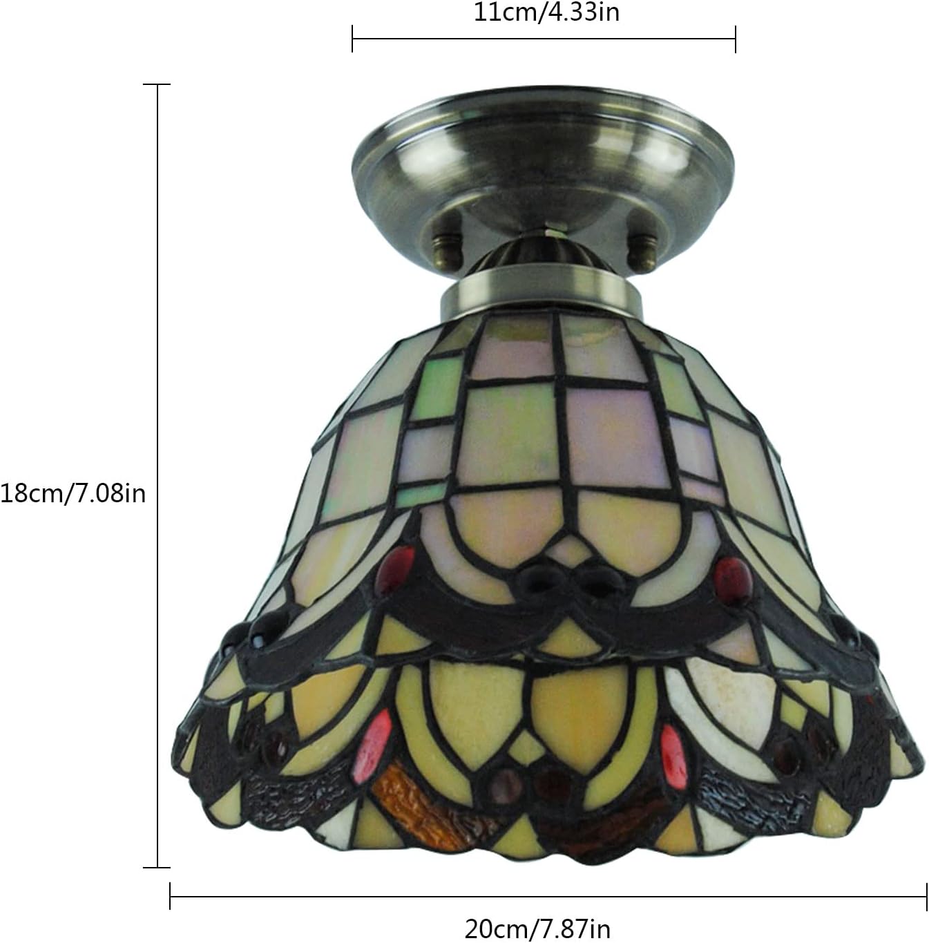 1 Light Tiffany Semi-Flush Mount Ceiling Light Fixture Antique Stained Glass Ceiling Lamp Mini Vintage Ceiling Light for Living Room, Hallway, Kitchen Width 7.8inch