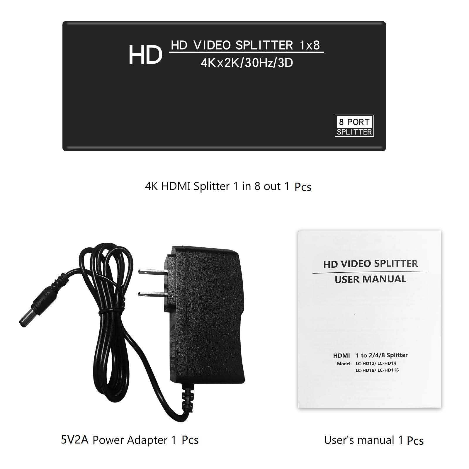 Splitter HDMI 1 en 8 Out-4K HDMI Splitter 1X8 HDMI Splitter -8 Sortie HDMI Splitter - Diviseur HDMI alimenté avec adaptateur CA, compatible avec 4Kx2K@30Hz、3D, pour exposition, présentation,