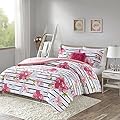 Comfort Spaces Zoe Comforter Set Printed Striped Floral Design with Faux Long Fur Decorative Pillow Bedding, Twin/Twin XL, Pink