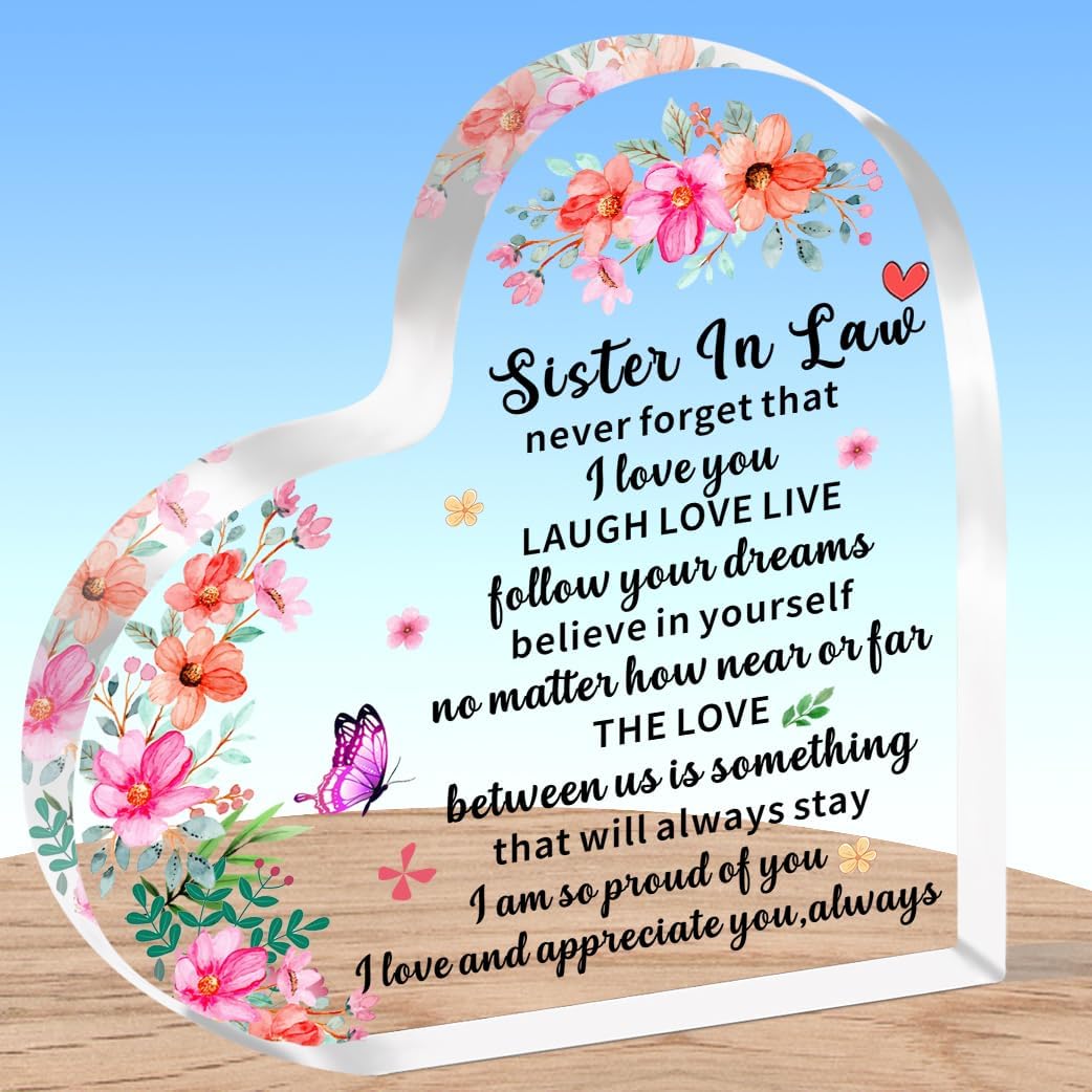 AMZQ Sister In Law Gifts Sister In Law Heart Shaped Plaque Present Sister In Law Christmas Birthday Gifts Keepsake