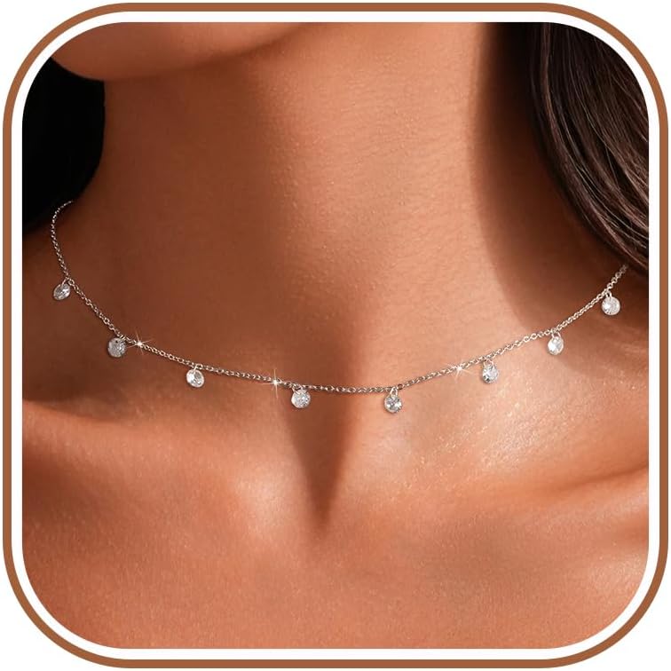 925 Sterling Silver Cubic Zirconia Station Necklaces for Women Dainty 14k Gold Plated Simulated Diamond Pendant Necklace Round Crystal Chain to Daughter Wedding Prom Brides Jewelry Gifts