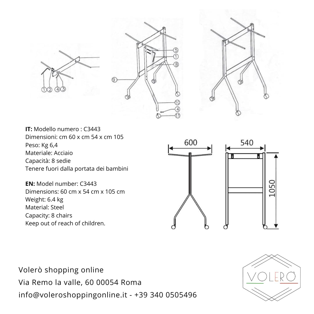 VOLERO', Carrello Salvaspazio Porta Sedie Pieghevoli, Modello Pirro, Capacità 8 Sedie, 4 Ruote con Freno. (Grigio)
