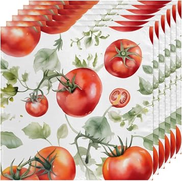 QsirBC Watercolor Tomatoes Leaves Cloth Napkins Set of 6, 20x20 | Reusable Washable, Square Decorative, Soft, for Kitchen Hotel Restaurant Banquet Wedding Party