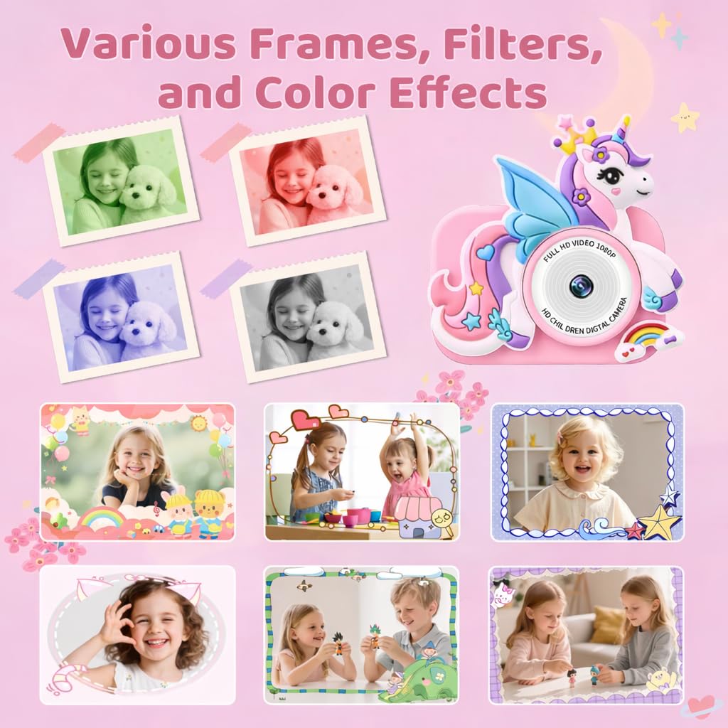 1080P HD fotocamera digitale per bambini con schermo da 2,0" e scheda da 32 GB, regalo per compleanno Natale, macchina fotografica giocattolo per 3-12 ragazze ragazzi