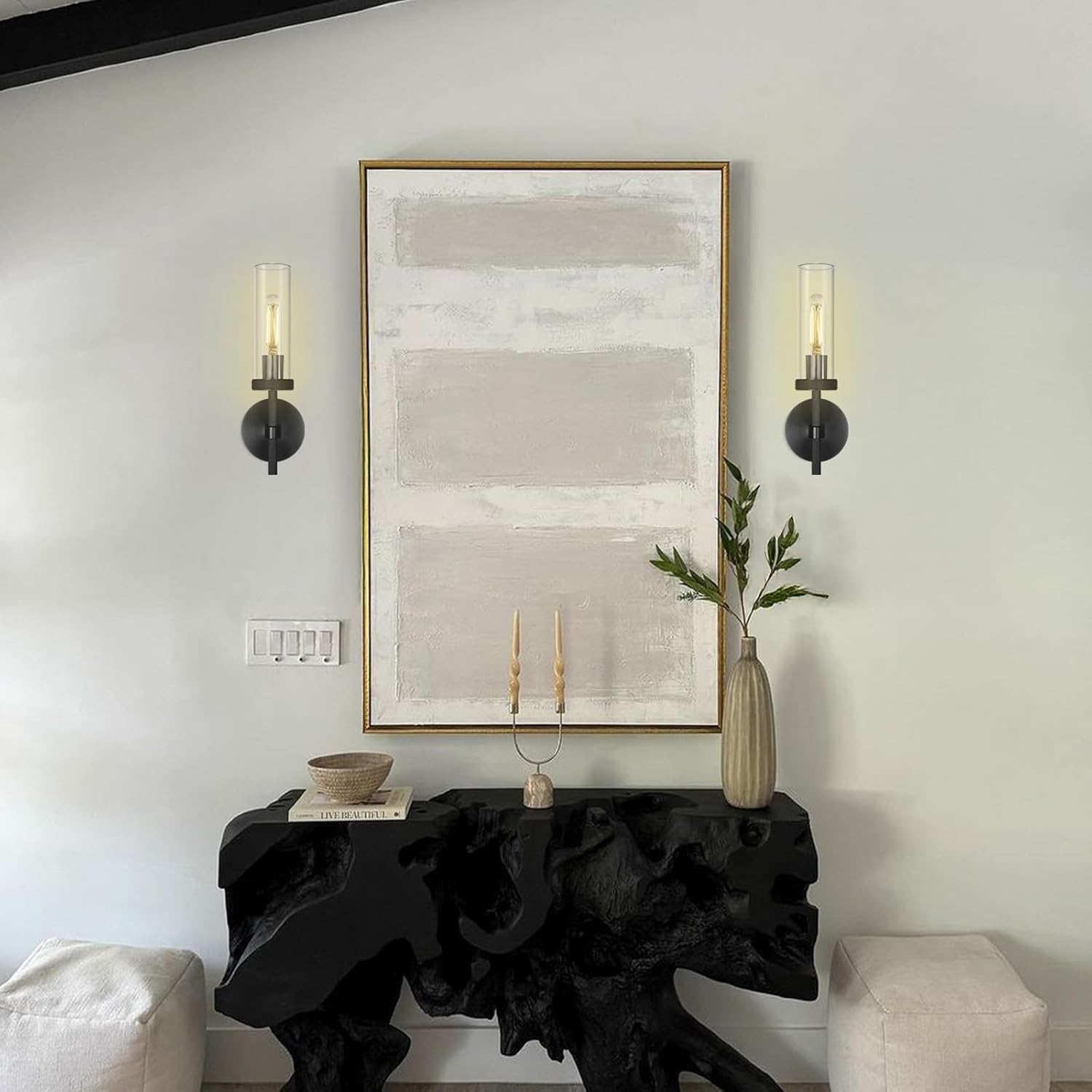 Black Wall Sconces Set of Two, 14" Bathroom Vanity Sconce Light, Glass Tube Wall Sconces, Sconces Wall Lighting Indoors, Wall Lights for Mirror, Living Room, Bedroom, Hallway (including bulb)