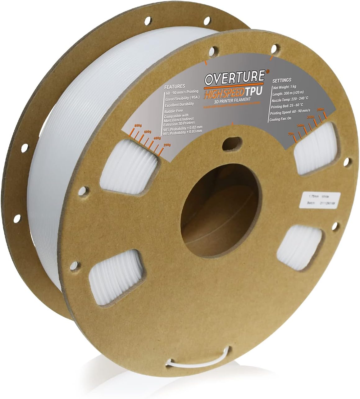 OVERTURE TPU High Speed Filament 1.75mm Flexible TPU Roll, 3D Printer Filament,Dimensional Accuracy +/- 0.03 mm, Fit Most FDM Printer (HS TPU White)