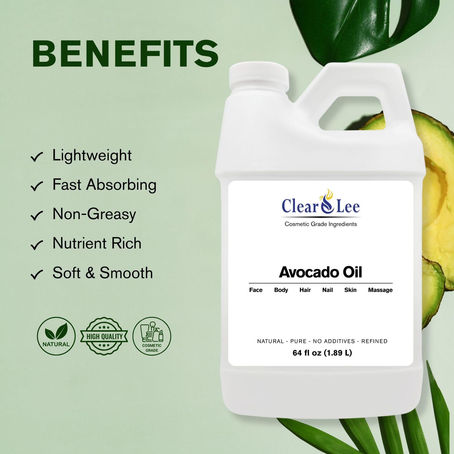 ClearLee Avocado Oil - Cosmetic Grade Natural & Pure Oil for Massage, Body, Hair, Skin, Face, Nail, Spa, Aromatherapy Carrier for Essential Oils, Soap Making, Serums & more (64 oz)