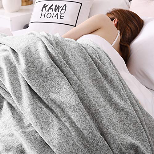 KAWAHOME Knit Blanket Lightweight Breathable Fuzzy Heather Jersey Thin Blanket for Couch Sofa Bed Twin Size 66 X 90 Inches Grey and White