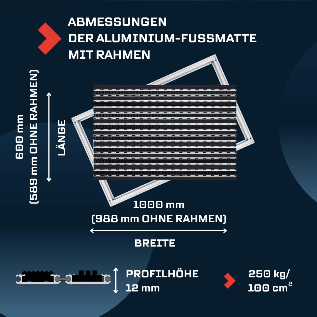 Aluminium-Fußmatte 12 mm Bürste/Gummi 100x60 cm, Schwarz