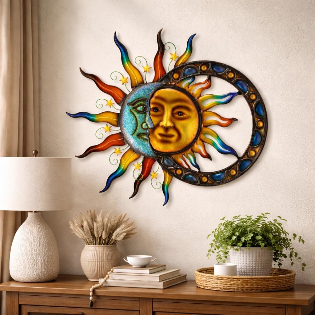 Glitzhome Sun and Moon Wall Decor, 33.5 Inch Celestial Metal Wall Art with Glossy Color Finish and Antique Details, Outdoor Sun and Moon Decor for Garden Porch Patio Home