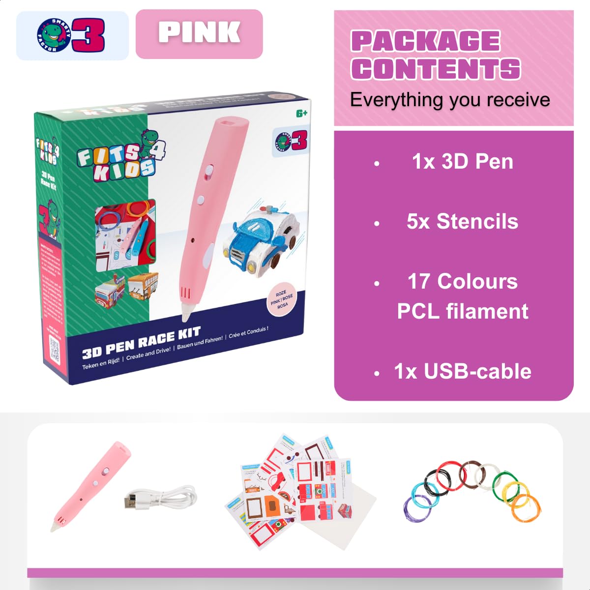 Set iniziale per stampante 3D, regalo per bambini, XXL, con filamento PLA da 140 m, 1,75 mm e accessori (rosa)