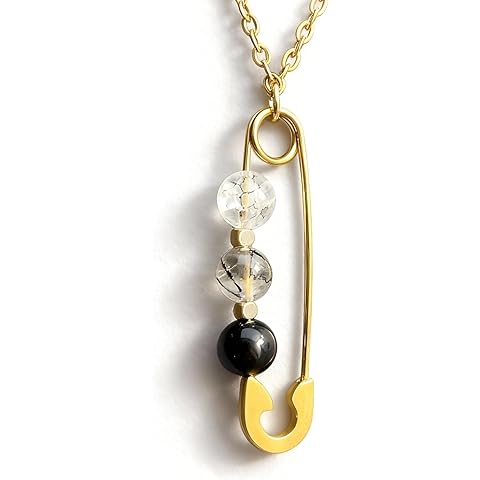 Dual Balance Crystal Healing Necklace with Clear Quartz, Black Rutilated Quartz, Black Tourmaline, 24-Inch Gold Plated Safety Pin Pendant, Natural Stones